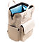 Beige rugzak met lichtblauwe voering, open rits, twee zakken, handvatten.