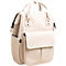 Sac à dos beige avec plusieurs compartiments et poignées. Le sac à dos a une forme rectangulaire et une poche avant attachée.