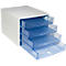 Weisser Schubladenturm mit vier transparent-blauen Schubladen. Alle Schubladen sind leer.