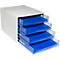 Weisser Büro-Schubladenschrank mit vier transparenten, blauen Schubladen.