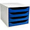 Weisser Schrank mit vier blauen Schubladen. Die Schubladen sind offen und die Innenräume sind schwarz.