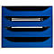 Blauer Papierkorb mit vier Fächern, weisser Rahmen. Schwarze Zwischenräume. Ideal für Büro. Sauber und übersichtlich.