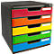 Schubladenbox mit fünf farbigen Schubladen, rot, orange, gelb, grün und blau angeordnet.