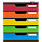Bunte Schubladenbox, rot, orange, gelb, grün und blau. Oben rechts ein Schloss.