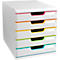 Weisses Büroablagesystem mit 5 farbigen Schubladen, pink, orange, gelb, grün und blau.