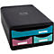 Organisateur de documents noir avec trois tiroirs colorés. Chaque tiroir a une étiquette blanche. Le logo Blackbox est sur le dessus.