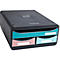 Organisateur de documents noir avec trois tiroirs turquoise, rose et bleu clair. Chaque tiroir a une étiquette nominative blanche.