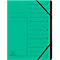 Teal file folder with black elastic band and vertical lines that mark the division into sections.