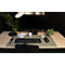 Bureau avec ordinateur, clavier, souris, lampe et plantes. Du papier et une tasse sont sur le bureau.