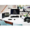 Schreibtisch mit Monitor, Schubladen, Lampe und Smartphone. Auf dem Monitor ist das Logo von Exacompta Paris.