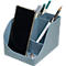 Hellblaues Stifte- und Smartphone-Etui mit einem Stift, einem Bleistift, Filzstiften und einem Handy.