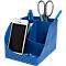 Blauer Schreibtisch-Organizer mit Stiften, Schere und Smartphone.