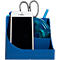 Blauer Stifthalter mit Stift, Schere, Klebeband und Smartphone.