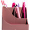 Rosa Stifthalter mit Stiften. Links Stifte mit weissem Schaft, rechts ein pinkfarbener Stift. Ein Stift liegt in der Mitte.