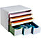 Organisateur de bureau avec quatre bacs à papier colorés et trois petits tiroirs pour fournitures de bureau.