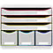 Organisateur gris avec tiroirs colorés. Rose, jaune, orange, vert et bleu. Étiquettes blanches, coins arrondis.