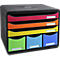 Organisateur de documents noir avec tiroirs colorés. Rouge en haut, orange, jaune et en bas vert, bleu, bleu. Champs d'étiquettes.