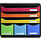 Organisateur de documents noir avec compartiments colorés: rouge, orange, jaune, vert, bleu. Chaque compartiment a un champ d'étiquette blanc.