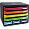 Organisateur de documents noir avec des tiroirs colorés : rouge, orange, jaune, vert, bleu et violet. Chaque tiroir a une étiquette blanche.
