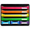 Un porte-documents multicolore avec six compartiments : rouge, orange, jaune, vert, bleu et violet. Chaque compartiment a une étiquette blanche.