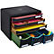 Organisateur de documents noir avec tiroirs colorés pour fournitures de bureau.