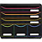 Organisateur de documents noir avec des tiroirs colorés. Rose en haut, puis orange, jaune, vert, bleu. Étiquettes blanches.