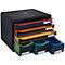 Organisateur de documents noir avec des plateaux et tiroirs colorés. Plusieurs niveaux et tiroirs en vert, bleu, jaune et rouge.
