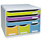 Büroschrank mit Schubladen in Gelb, Lila, Blau, Grün und Orange. Auf den Schubladen sind weiße Etiketten angebracht.