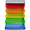 Tour de classement multicolore avec cinq tiroirs rouges, orange, jaunes, verts et bleus, photographiée d'en haut.