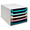 Multicolor brievenbakjes toren, 5 compartimenten. Laden in turquoise, lichtblauw, beige en roze.
