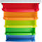 Bunte, mehrfarbige Schubladen in Regenbogenfarben angeordnet. Oben weiß, darunter rot, orange, grün, gelb, blau.