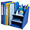 Organisateur de bureau bleu avec dossiers, cahiers et stylos.