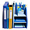 Organisateur de bureau bleu-jaune avec des dossiers, des stylos et des cahiers.
