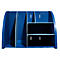 Organisateur de bureau bleu avec plusieurs compartiments et étagères, idéal pour ranger les fournitures de bureau.