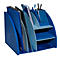 Organisateur de bureau bleu avec plusieurs compartiments, porte-stylos et bloc-notes.