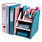 Organisateur de bureau bleu clair et rose avec des dossiers, des stylos et un cahier.