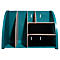 Organisateur de bureau turquoise avec compartiments et étagères, détails aspect bois.