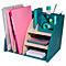 Organisateur de bureau turquoise avec des dossiers roses et gris clair, des stylos et des notes.