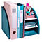Organisateur de bureau avec des accents roses et turquoise. Classeurs, stylos, ruban adhésif et cahiers y sont rangés.