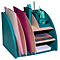 Organisateur de bureau turquoise avec compartiments pour documents, stylos et fournitures de bureau. Comprend des séparateurs roses et beiges.