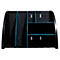 Organisateur de bureau noir avec plusieurs compartiments, accents turquoise.