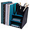 Organisateur de bureau en bois noir et turquoise, rempli de cahiers et de stylos.