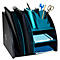 Organisateur de bureau avec plusieurs compartiments, stylos, cahiers et ciseaux.