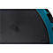 Gros plan d'une surface noire texturée faisant partie d'un objet rond, avec un bord turquoise. Petit texte visible.