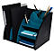 Organisateur de bureau noir avec compartiments sarcelle, stylos et blocs-notes.