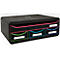 Zwarte ladesbox met gekleurde accenten: roze, groen en blauw. Witte labels op elke lade.