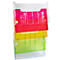 Gestapelte, transparente Ablagefächer in Pink, Rot, Gelb, Grün und Blau.