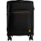 Valise noire, bande orange, logo en bas à droite, roues.