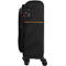 Profil d'une valise noire avec serrure à combinaison, garniture orange. Quatre roues.