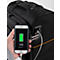 Valise noire avec fonction de charge. Un smartphone est en cours de chargement, batterie à 100%.